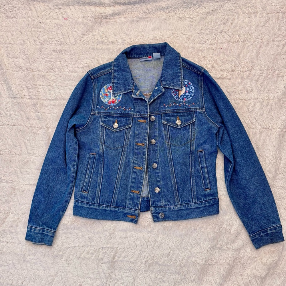 Upcycled Denim Jacket M Cottagecore Mushroom Embroidery Patchwork one of a kind